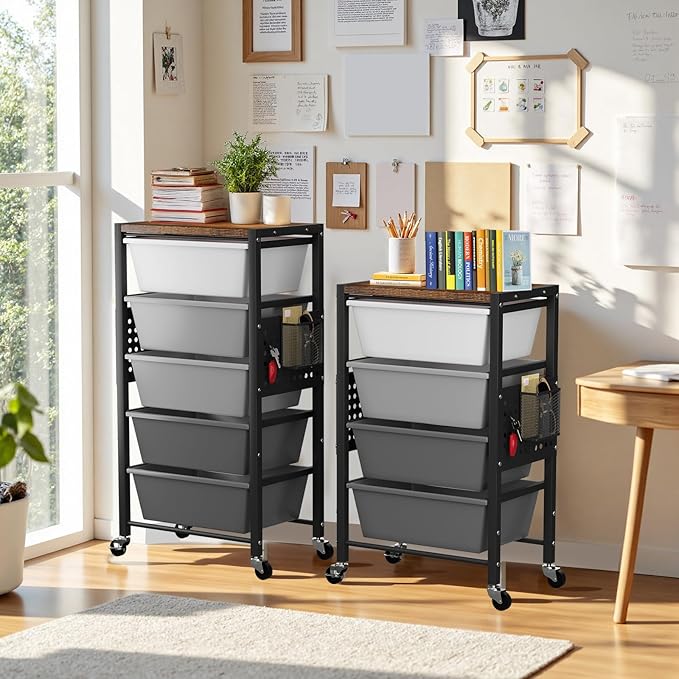 Rolling Cart with 4 Drawers, Plastic Drawer Storage Carts with Wheels & Wooden Tabletop, Metal Utility Cart with Pegboards, Office Living Room Classroom Craft Organization and Storage, Dark Grey