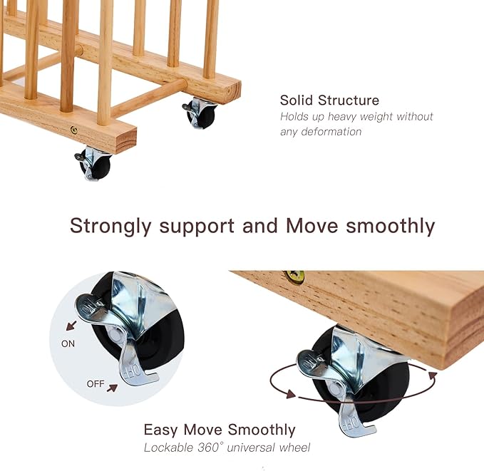 Art Storage Rack with Caster Wheels, Art Drying Rack, Wooden Canvas Storage, Painting Rack, Canvas Organizer Drying Rack for Studios, Artworks, Gallery Art Rack for Display of Canvas, Prints, Panels