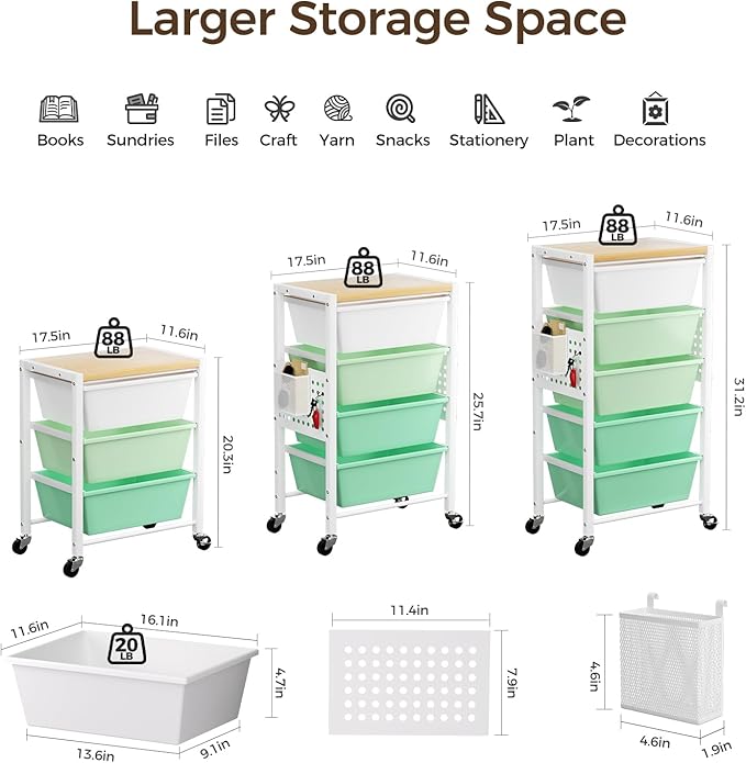 Rolling Cart with 4 Drawers, Plastic Drawer Storage Carts with Wheels & Wooden Tabletop, Metal Utility Cart with Pegboards, Office Living Room Classroom Craft Organization and Storage, Bright Green