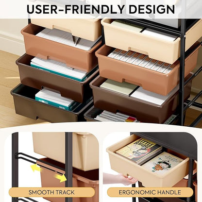 Rolling cart with 8 drawers,Storage drawer cart with wooden tabletop,Lockable wheels organizer for homeschool, arts & crafts, classroom, office & creative spaces (Brown)