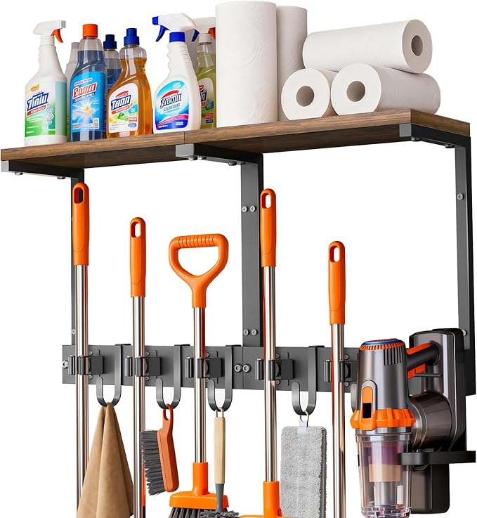 Broom Holder Wall Mount with Top Wooden Shelf, Heavy Duty Metal Cleaning Supplies Broom Hanger with Vacuum Organizer and 5 Slots & 5 Hooks for Garage Tool Storage Laundry Kitchen (Large)