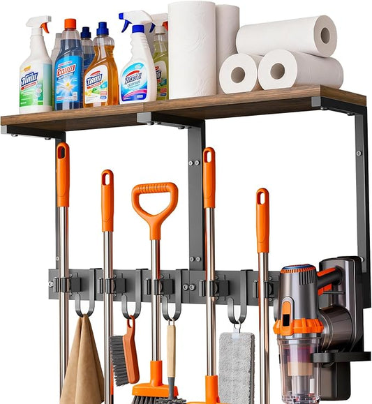 Broom Holder Wall Mount with Top Wooden Shelf, Heavy Duty Metal Cleaning Supplies Broom Hanger with Vacuum Organizer and 5 Slots & 5 Hooks for Garage Tool Storage Laundry Kitchen (Large)