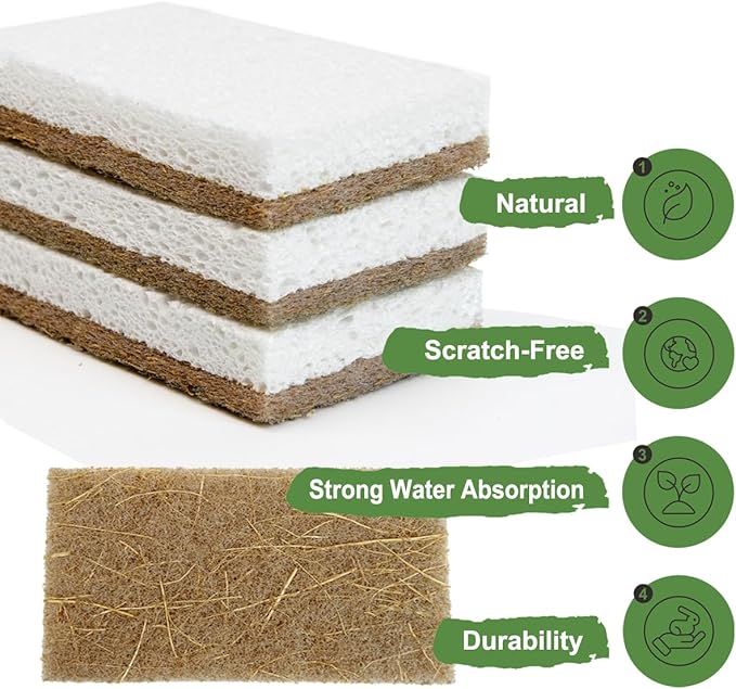 CELOX 6 Pack Coconut Fiber Biodegradable Sponges, Non Scratch Kitchen Cleaning Sponge, Eco-Friendly Dual-Sided Sponge for Dishwashing