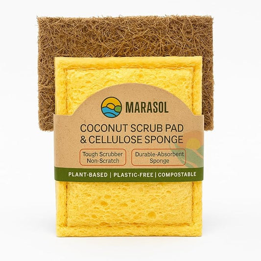 Marasol Scrubber Sponge (3) | Dual-Sided Coconut Fiber & Cellulose Sponge | Plastic Free-Plant-Based Kitchen Scrubbing Sponges for Dishes, Pans | Tough No-Scratch Scour Pad | Compostable | Pack of 3