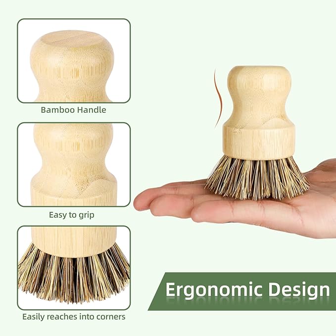 Bamboo Dish Brush Set with Holder - Natural Dish Scrub Brush for Cleaning Dishes, Fast Dry Design Kitchen Dish Brush for Sinks & Pots