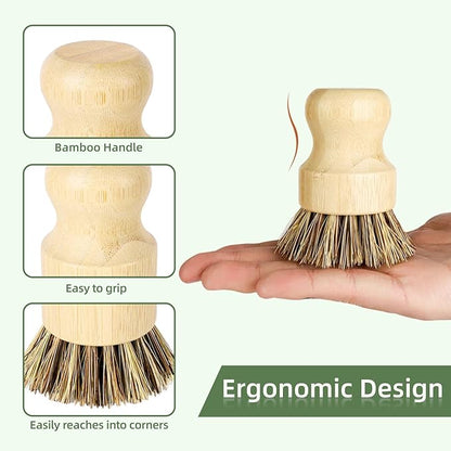 Bamboo Dish Brush Set with Holder - Natural Dish Scrub Brush for Cleaning Dishes, Fast Dry Design Kitchen Dish Brush for Sinks & Pots