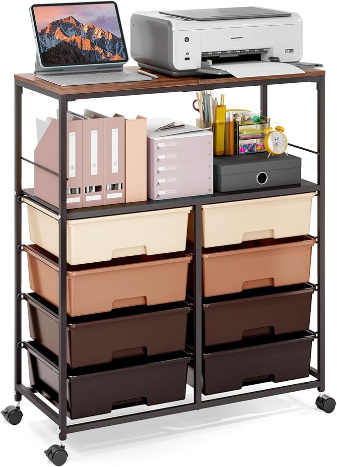Rolling cart with 8 drawers,Storage drawer cart with wooden tabletop,Lockable wheels organizer for homeschool, arts & crafts, classroom, office & creative spaces (Brown)
