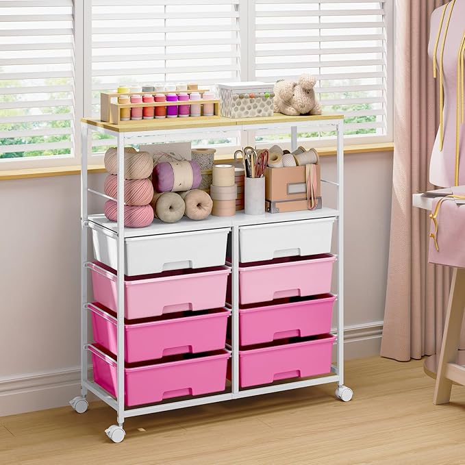 Rolling cart with 8 drawers,Storage drawer cart with wooden tabletop,Lockable wheels organizer for homeschool, arts & crafts, classroom, office & creative spaces (Pink)