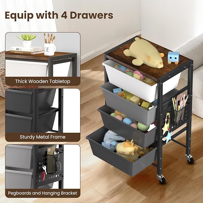 Rolling Cart with 4 Drawers, Plastic Drawer Storage Carts with Wheels & Wooden Tabletop, Metal Utility Cart with Pegboards, Office Living Room Classroom Craft Organization and Storage, Dark Grey