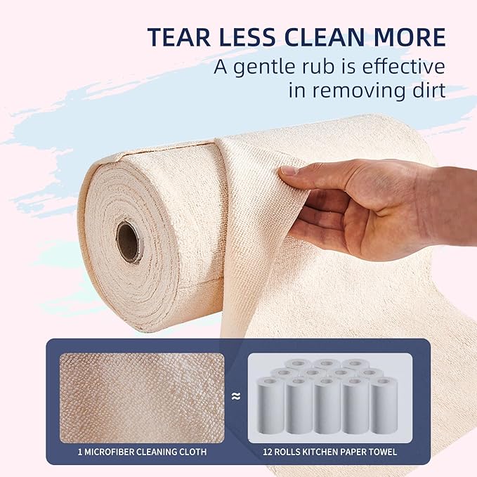 & PLUSH Microfiber Cleaning Cloth Roll - 50 Pack, Tear Away Microfiber Towels, 12" x 12", Reusable, Washable, Streak Free, Ultra Absorbent Dish Rags for Car, Home, Garage or Shop (Beige)