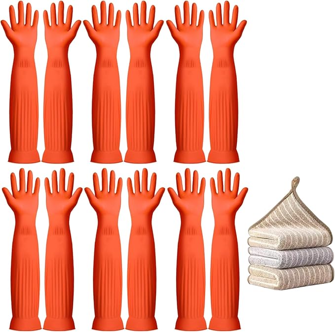 6-Pair 17.8-Inch Elbow - Length Reusable Rubber Waterproof Household Cleaning and Kitchen Dishwashing Gloves