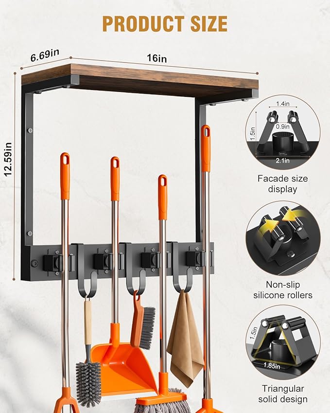 Broom Holder Wall Mount with Top Wooden Shelf, Heavy Duty Metal Cleaning Supplies Broom Hanger with 4 Slots & 3 Hooks for Laundry Garage Tool Storage Kitchen (Small)