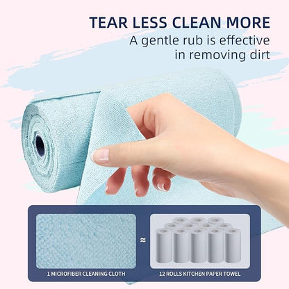 & PLUSH Microfiber Cleaning Cloth Roll - 85 Pack, Tear Away Microfiber Towels, 12" x 12", Reusable, Washable, Streak Free, Ultra Absorbent Dish Rags for Car, Home, Garage or Shop (Blue)