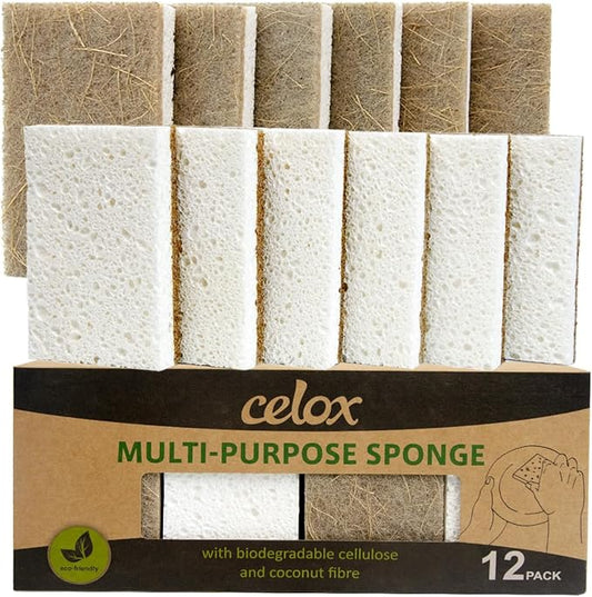 CELOX 12 Pack Coconut Fiber Biodegradable Sponges, Non Scratch Kitchen Cleaning Sponge, Eco-Friendly Dual-Sided Sponge for Dishwashing