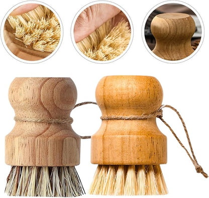 Multi-Function Dish Scrub Brush Wok Cleaning Brush 2pcs with Short Handles Natural Sisal Coconut Fiber Bristles Portable Kitchen Cleaning Accessories for Household Cookware