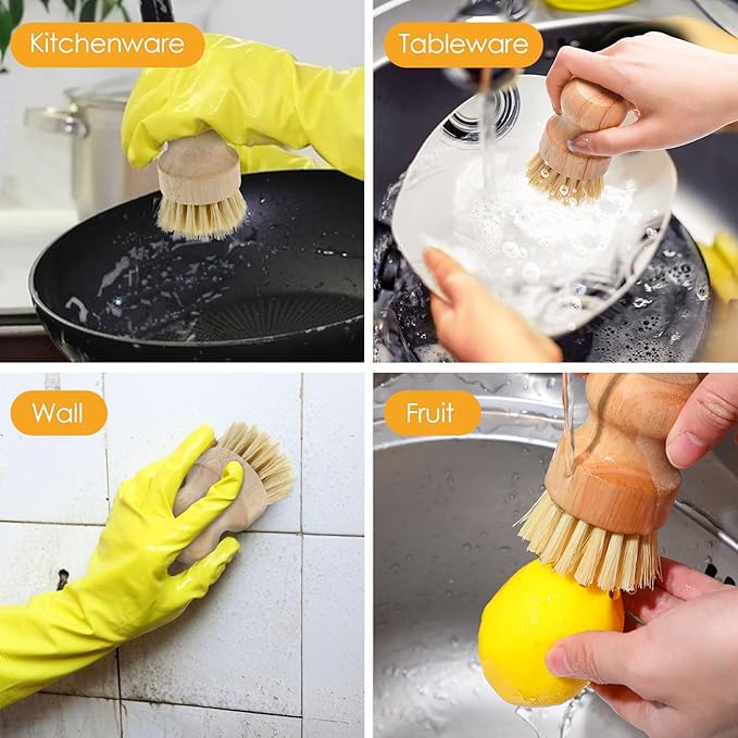 10 Pack Bamboo Dish Brush Set, Natural Dish Scrub Brush with Handle, Wooden Dish Scrubber for Kitchen Cleaning, Eco-Friendly Scrub Brush for Dishes, Pots, Pans, and Vegetables