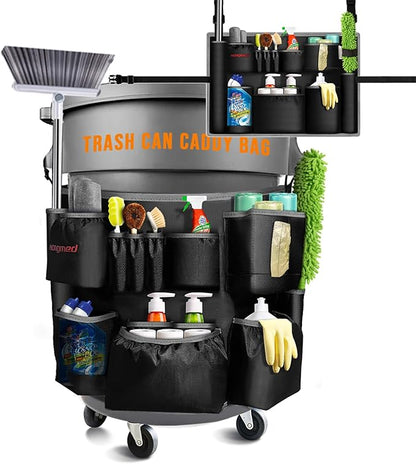 Trash Can Caddy Bag for 32-55 Gallon Garbage Bin, Hongmed Caddy for Commercial Cleaning Supplies, Multi-Pocket Utility Apron with Adjustable Straps, Heavy-Duty Nylon Organizer for Janitorial Duties