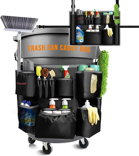 Trash Can Caddy Bag for 32-55 Gallon Garbage Bin, Hongmed Caddy for Commercial Cleaning Supplies, Multi-Pocket Utility Apron with Adjustable Straps, Heavy-Duty Nylon Organizer for Janitorial Duties