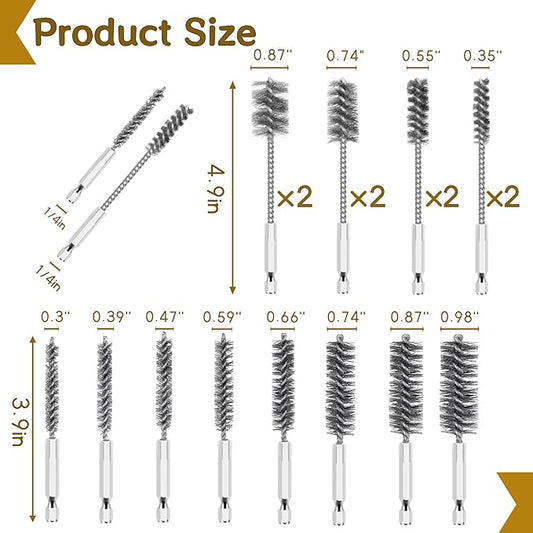 16 Pcs Stainless Steel Bore Brush Set, Heavy Duty Wire Brush for Drill with Hex Shank, Bristles Bore Cleaning Brush Set for Power Drill, Rust, Tube Cleaning