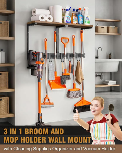 Broom Holder Wall Mount with Top Wooden Shelf, Heavy Duty Metal Cleaning Supplies Broom Hanger with Vacuum Organizer and 5 Slots & 5 Hooks for Garage Tool Storage Laundry Kitchen (Large)