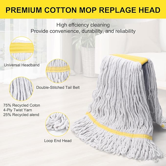 KeFanta 6 Pack Heavy Duty Commercial Mop Head Replacement,Wet Industrial Cotton Looped End String Mops Refill for Floor Cleaning,Yellow