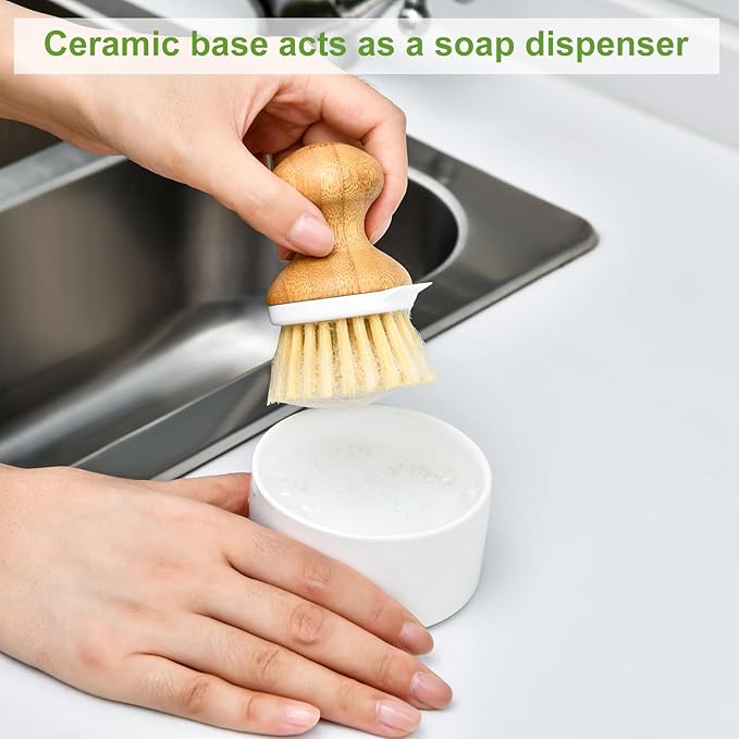 SUBEKYU Bamboo Dish Brush, Kitchen Dish Scrubber Brush with Soap Dispenser, Natural Wooden Dishwashing Brush for Cleaning Dishes/Pans/Pots, Built-in Scraper, Sisal Bristles,1 Set