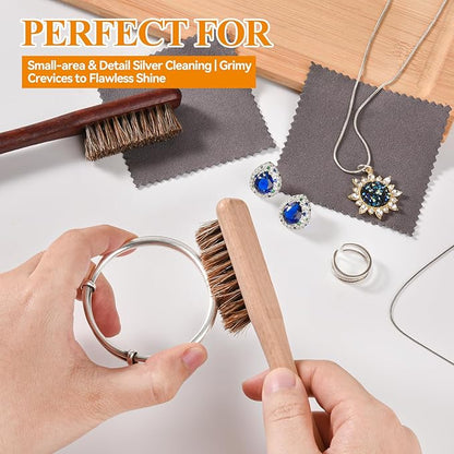 Horsehair Silver Cleaning Brush Set - 2PCS Premium Detailing Brush & Polishing Cloth for Silverware, Jewelry, Plateware & Sterling Silver