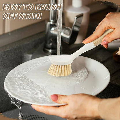 Dish Brush with Built-in Scraper - 4 Pack Bamboo Dish Scrubber Brush with Handle, Kitchen Brushes for Dishes & Pots, Sink, Eco Cleaning Tool Set
