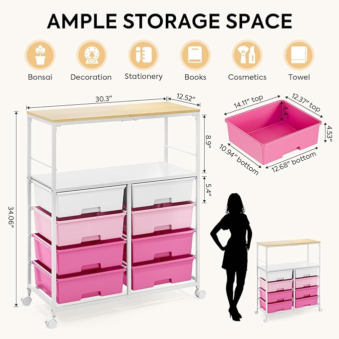 Rolling cart with 8 drawers,Storage drawer cart with wooden tabletop,Lockable wheels organizer for homeschool, arts & crafts, classroom, office & creative spaces (Pink)