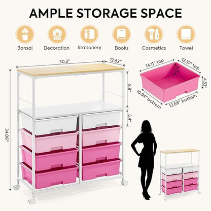 Rolling cart with 8 drawers,Storage drawer cart with wooden tabletop,Lockable wheels organizer for homeschool, arts & crafts, classroom, office & creative spaces (Pink)