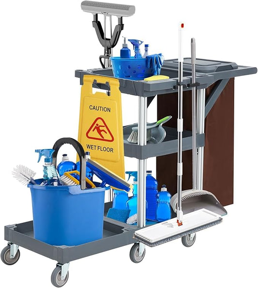 Commercial Janitorial Cart with Wheels, 3 Shelf Cleaning Trolley Cart with 16 Gallon Trash Bag, 220 Lbs Capacity Rolling Housekeeping Carts, Ideal for hotels, offices, classrooms, and residential buil