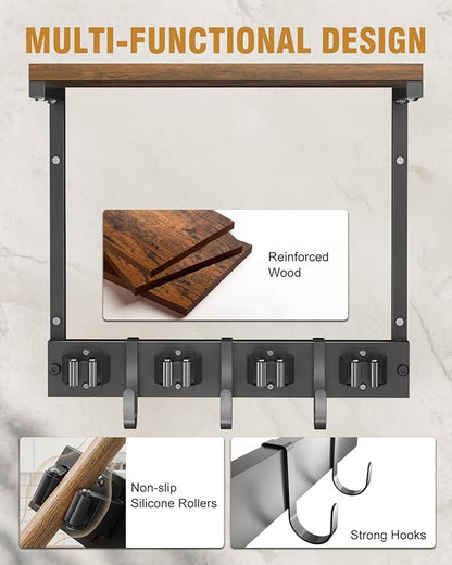 Broom Holder Wall Mount with Top Wooden Shelf, Heavy Duty Metal Cleaning Supplies Broom Hanger with 4 Slots & 3 Hooks for Laundry Garage Tool Storage Kitchen (Small)