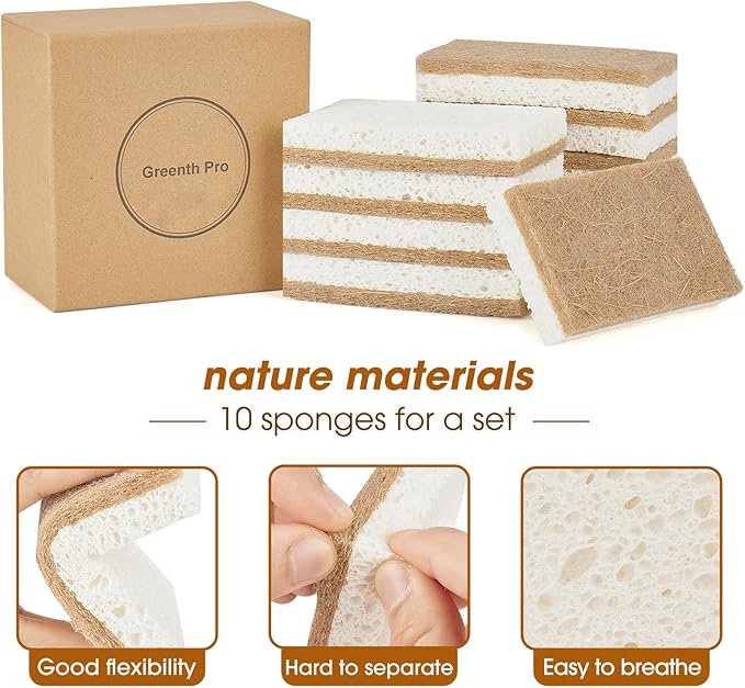 10 Pack Nature Dish Sponge - Natural Kitchen Sponge - Coconut Fiber and Wood Cellulose Scrubber