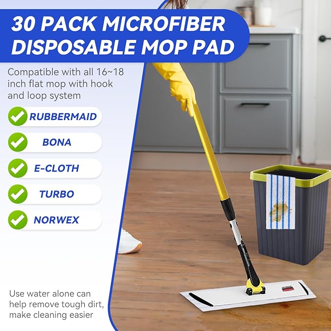 Replacement Disposable Microfiber Pad Fit for Rubbermaid Quick Connect Mop System - 30 Pack Wet & Dry Commercial Cleaning Refills with Scrubbing/Scouring Stripes Fit for Any Flat System 17 and 18 Inch