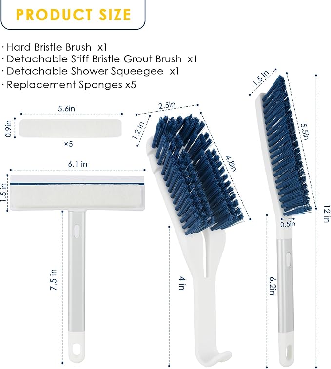 3 Pack Scrub Brush Set - Detachable Stiff Bristle Grout Cleaner Brush, Cleaning Scrubbers with Squeegee for Shower Glass, Heavy Duty Scrub Brushes for Cleaning Bathroom, Bathtub, Gaps, Tile, Floor