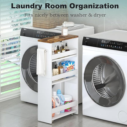 MARTY Rolling Storage Cart 4-Tier White Kitchen Cart with Wheels,Slim Storage Cart with Handle Slide Out Utility Cart Shelving Unit Organizer Trolley for Laundry Narrow Places Bathroom Small Corner