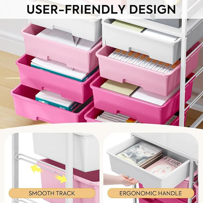 Rolling cart with 8 drawers,Storage drawer cart with wooden tabletop,Lockable wheels organizer for homeschool, arts & crafts, classroom, office & creative spaces (Pink)