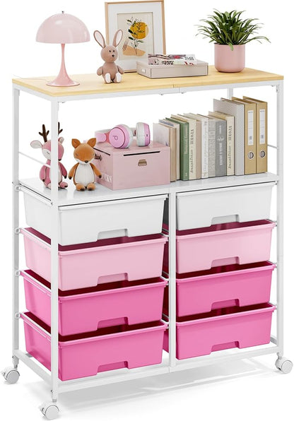 Rolling cart with 8 drawers,Storage drawer cart with wooden tabletop,Lockable wheels organizer for homeschool, arts & crafts, classroom, office & creative spaces (Pink)