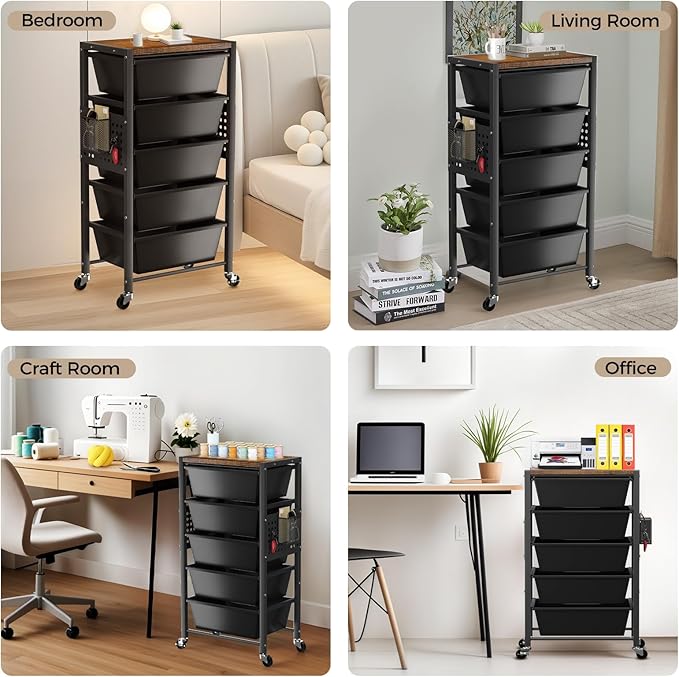 Rolling Cart with 4 Drawers, Plastic Drawer Storage Carts with Wheels & Wooden Tabletop, Metal Utility Cart with Pegboards, Office Living Room Classroom Craft Organization and Storage, Dark Black