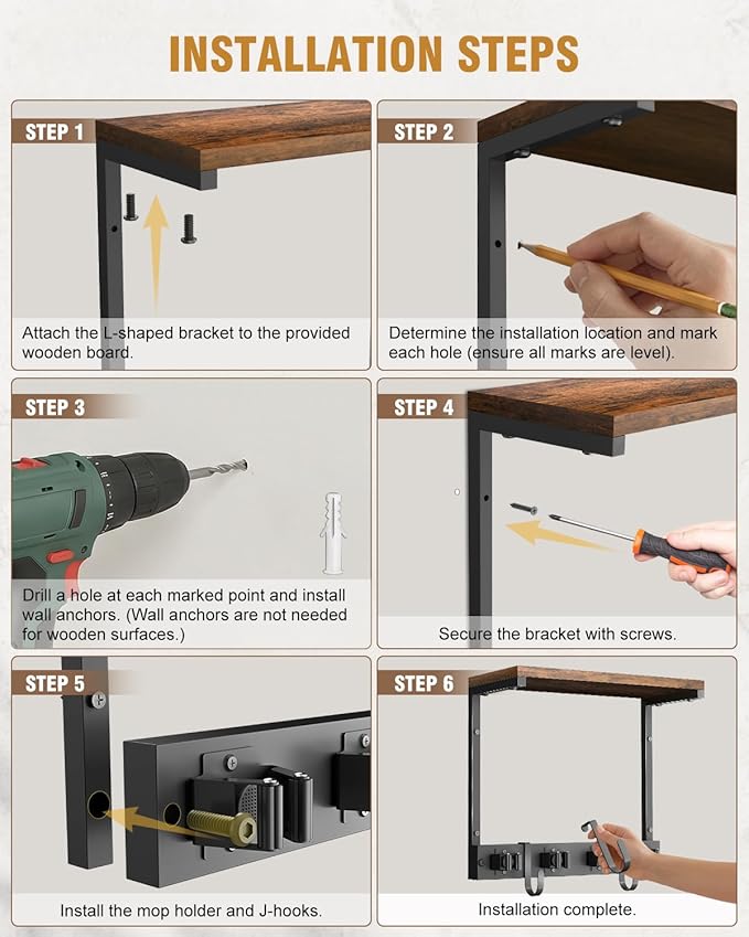 Broom Holder Wall Mount with Top Wooden Shelf, Heavy Duty Metal Cleaning Supplies Broom Hanger with 4 Slots & 3 Hooks for Laundry Garage Tool Storage Kitchen (Small)