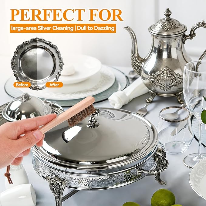 Horsehair Silver Cleaning Brush Set - 2PCS Premium Detailing Brush & Polishing Cloth for Silverware, Jewelry, Plateware & Sterling Silver