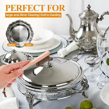 Horsehair Silver Cleaning Brush Set - 2PCS Premium Detailing Brush & Polishing Cloth for Silverware, Jewelry, Plateware & Sterling Silver