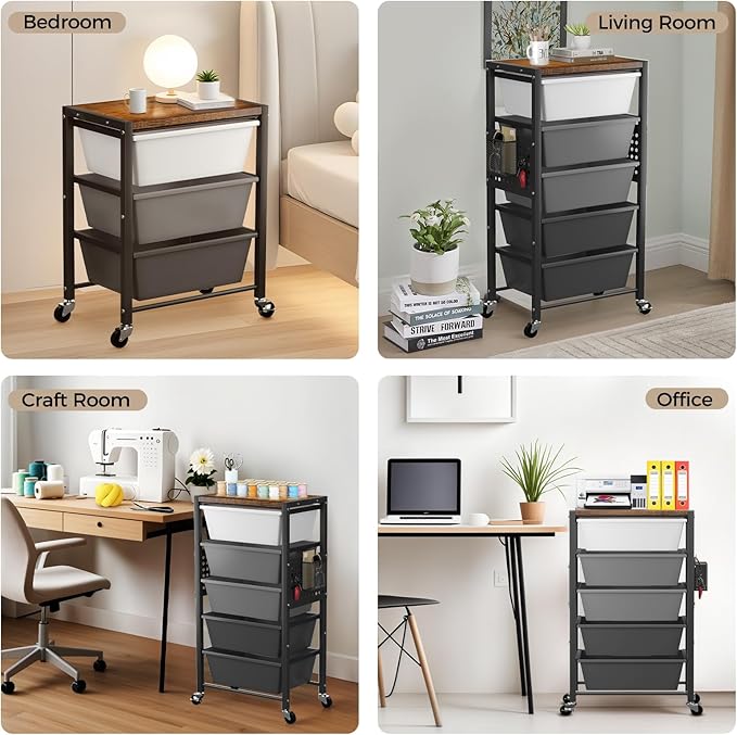 Rolling Cart with 4 Drawers, Plastic Drawer Storage Carts with Wheels & Wooden Tabletop, Metal Utility Cart with Pegboards, Office Living Room Classroom Craft Organization and Storage, Dark Grey