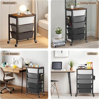 Rolling Cart with 4 Drawers, Plastic Drawer Storage Carts with Wheels & Wooden Tabletop, Metal Utility Cart with Pegboards, Office Living Room Classroom Craft Organization and Storage, Dark Grey