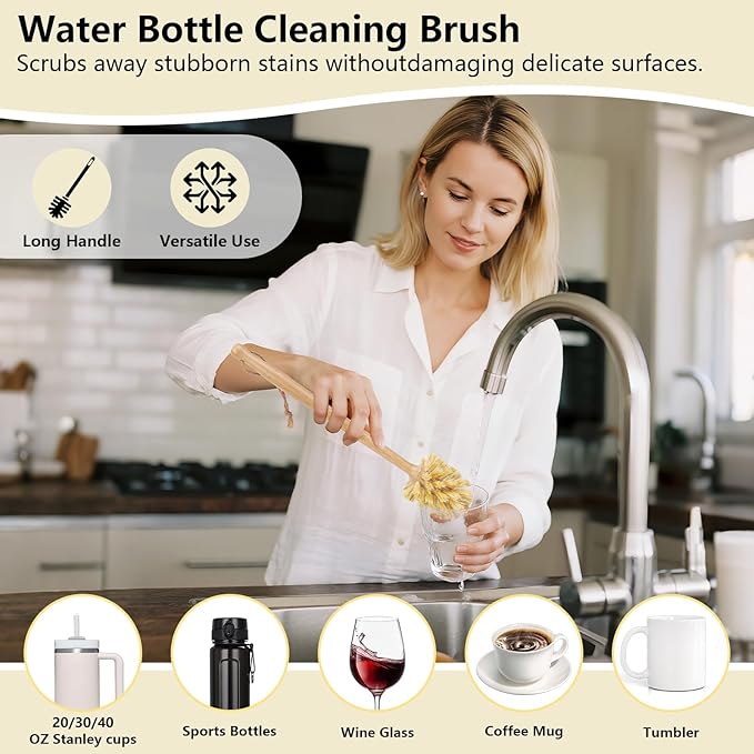 5 Pack Bamboo Dish Brush Set, Wooden Dish Brush with 14’’ Bottle Brush, Natural Kitchen Scrub Brush for Dishes Pots, Pans, Sinks, Woks, Vegetables