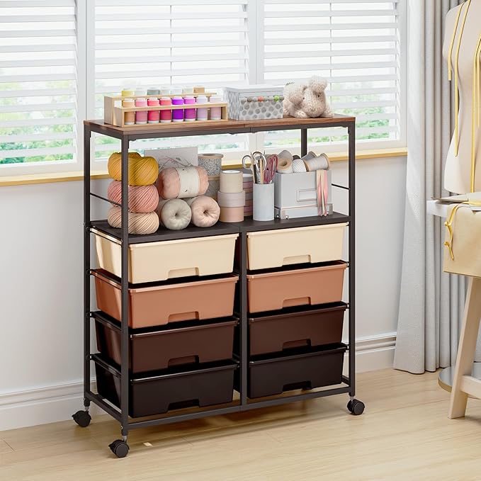 Rolling cart with 8 drawers,Storage drawer cart with wooden tabletop,Lockable wheels organizer for homeschool, arts & crafts, classroom, office & creative spaces (Brown)