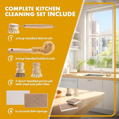 6 Piece Bamboo Dish Brush Set with Coconut Sponge - Wooden Dish Brush with Sisal and Palm Fiber, Natural Bamboo Dish Scrub Brush for Kitchen Cleaning Dishes, Pots, Pans, Bottles, Vegetables