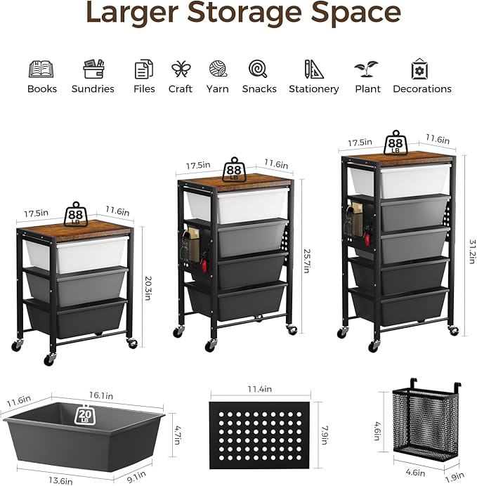 Rolling Cart with 4 Drawers, Plastic Drawer Storage Carts with Wheels & Wooden Tabletop, Metal Utility Cart with Pegboards, Office Living Room Classroom Craft Organization and Storage, Dark Grey