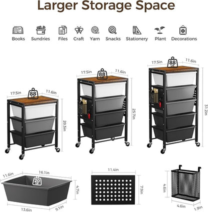 Rolling Cart with 4 Drawers, Plastic Drawer Storage Carts with Wheels & Wooden Tabletop, Metal Utility Cart with Pegboards, Office Living Room Classroom Craft Organization and Storage, Dark Grey