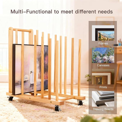 Art Storage Rack with Caster Wheels, Art Drying Rack, Wooden Canvas Storage, Painting Rack, Canvas Organizer Drying Rack for Studios, Artworks, Gallery Art Rack for Display of Canvas, Prints, Panels